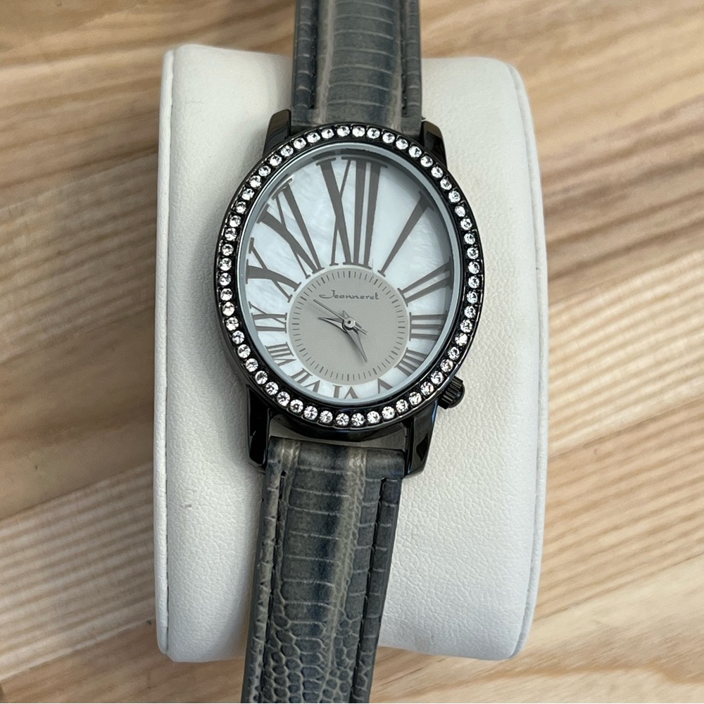 Jeanneret Ladies Watch Crystal Embellishments Pearl Dial Genuine Leather Strap